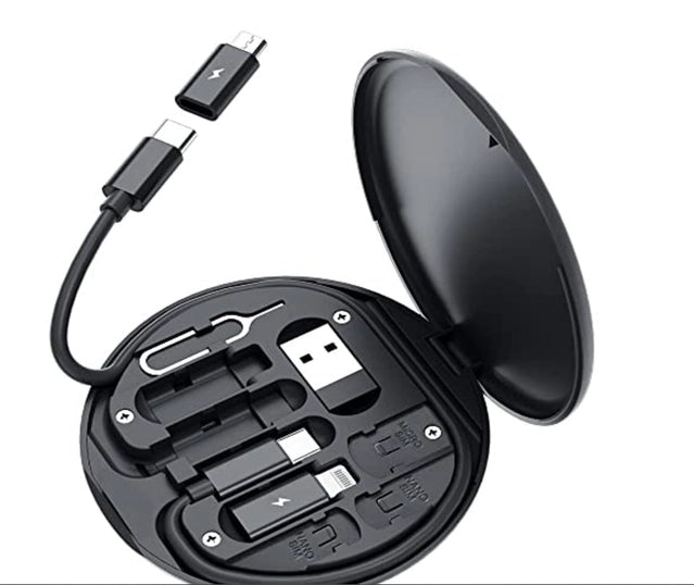 Mixen Mini Multi-Functional Fast Charging Data Cable Set for Apple, Android, Type C Charging with Retrieve Card Pin, Round Storage Box, Compact and Portable - White