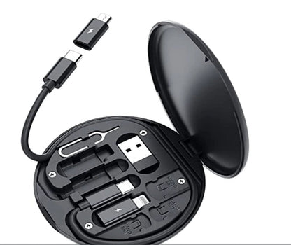 Mixen Mini Multi-Functional Fast Charging Data Cable Set for Apple, Android, Type C Charging with Retrieve Card Pin, Round Storage Box, Compact and Portable - White