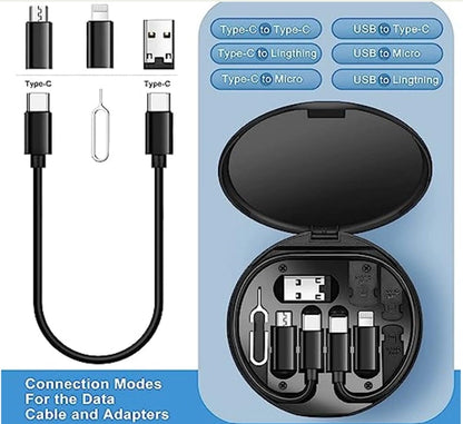Mixen Mini Multi-Functional Fast Charging Data Cable Set for Apple, Android, Type C Charging with Retrieve Card Pin, Round Storage Box, Compact and Portable - White